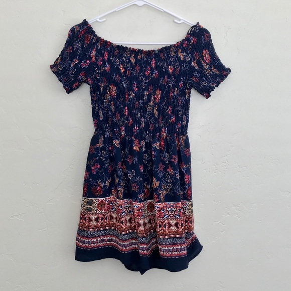 Monteau Pants - Monteau Printed Smocked Off The Shoulder Romper M